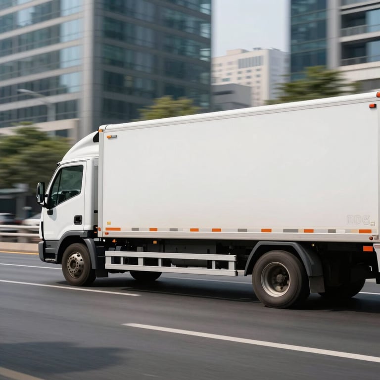 A side view of a commercial transport vehicle moving smoothly through a metropolitan business district.