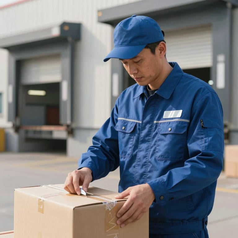 A professional worker in a neat slate blue uniform inspecting a package in an urban loading dock.