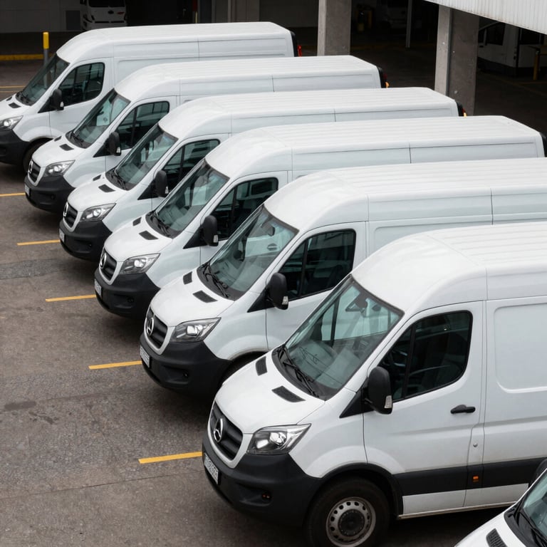 A fleet of white delivery vans parked in an orderly line at a corporate terminal in South America.
