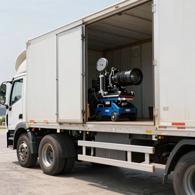 A wide shot of cargo being carefully loaded into a truck using professional equipment in a bright environment.