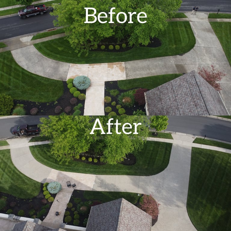 Before and after aerial view of a clean driveway following professional pressure washing services.