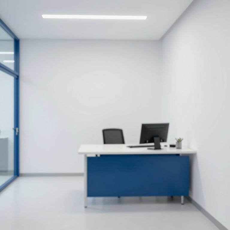 The interior of a minimalist law firm office in Madrid with clean white walls and steel blue #3F5E7B accents.