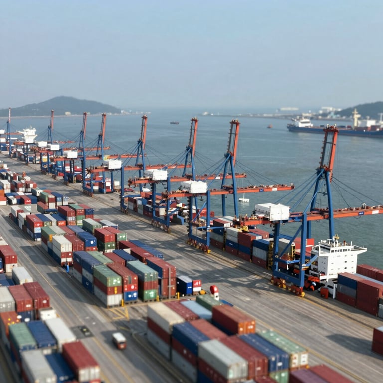 Aerial view of a major international cargo port, symbolizing global trade and brand expansion.
