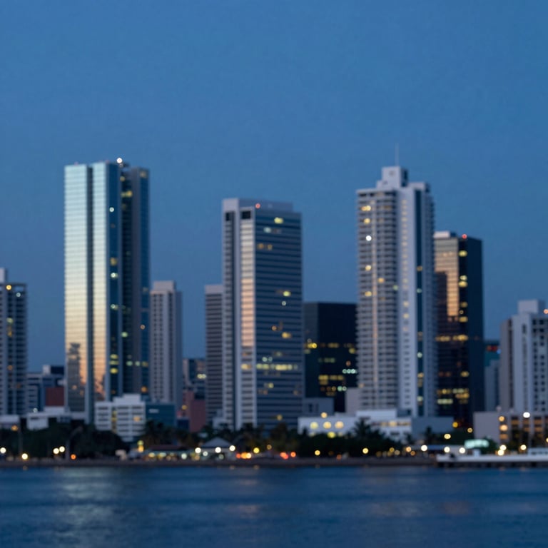 Modern skyline of Panama City at dusk, showcasing architectural lines and deep blue #0C1E3C sky tones.