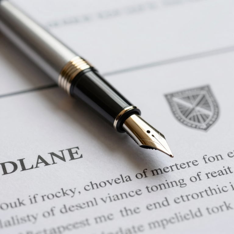 Macro shot of an elegant fountain pen resting on an official legal patent document, reflecting corporate sophistication.