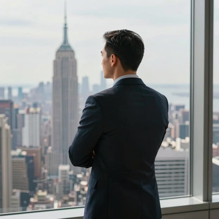 A professional consultant looking through a high-rise window at the New York City skyline, conveying vision and strategy.