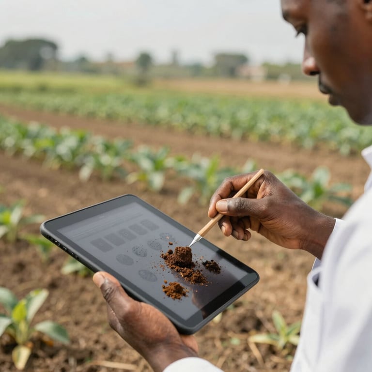 A close-up of a Cameroonian agronomist analyzing soil samples on a digital tablet in an active agricultural field, bright natural daylight, clean composition.