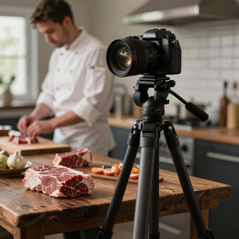 A professional camera on a sleek tripod positioned next to raw rustic ingredients on a dark wooden prep table, soft diffused natural light, a chef working in the blurred background.