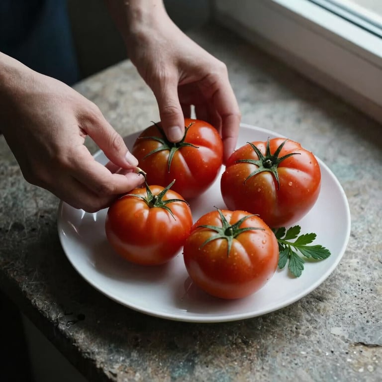 Close-up overhead shot of hands styling a minimalist Scandinavian plate of raw heritage heirloom tomatoes and fresh herbs on a rustic stone surface, soft natural north-facing window light, moody shadows.