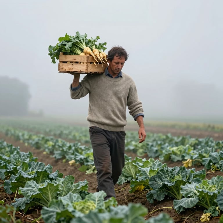 A quiet, moody shot of a heritage farmer in a wool sweater walking through morning mist in a vegetable field, carrying a wooden crate of freshly harvested root vegetables