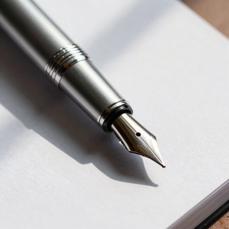 Extreme close-up of a silver fountain pen resting on heavy white bond paper, sharp high-contrast architectural shadows, cool lighting, conveying absolute precision.
