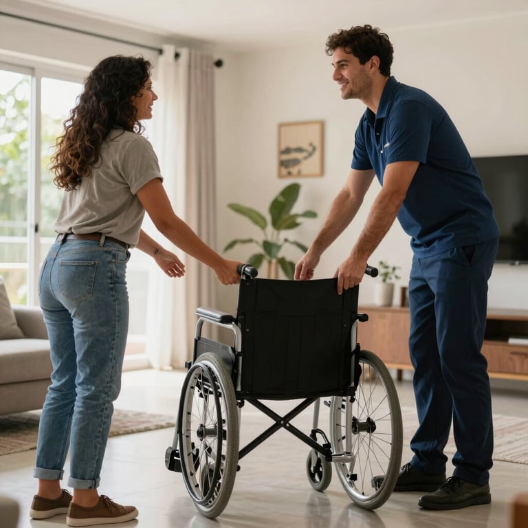 A bright South American / Brazilian home interior where a professional is returning a clean wheelchair to a client.