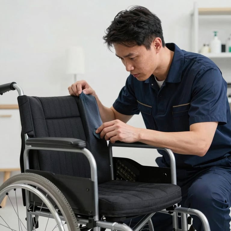 A technician carefully inspecting the upholstery of a wheelchair for deep cleaning, professional lighting, dark blue uniform.