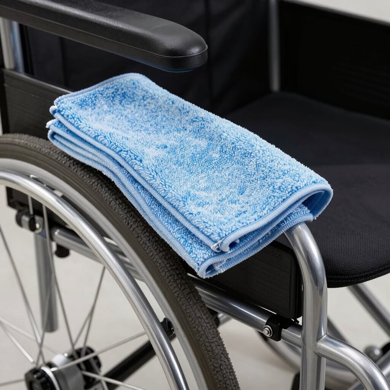 Close-up of a high-quality microfiber cloth polishing the chrome frame of a wheelchair, light blue highlights.