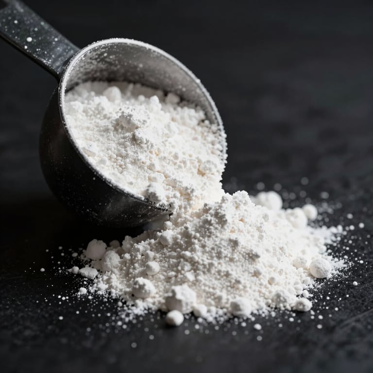 Macro shot of pure white creatine powder spilling from a black scoop, dynamic low-key lighting, dark background