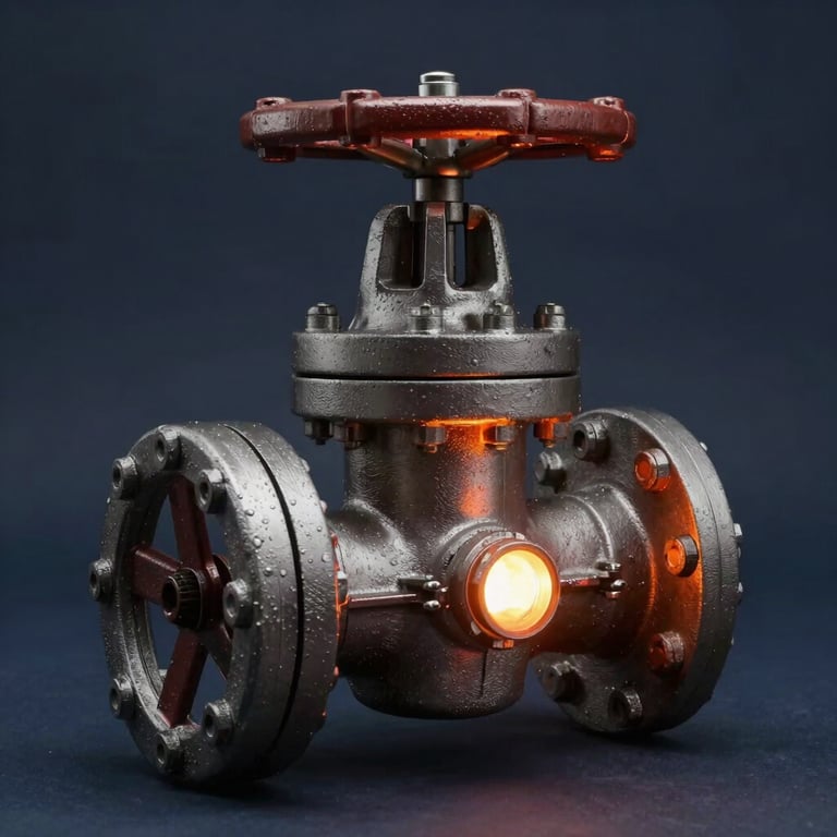 A heavy-duty industrial valve assembly glowing slightly from precision heat treatment, charcoal navy background.