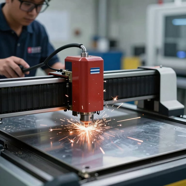 A technician in a North American / US facility using a laser cutter on a metal plate, sparks in sharp focus.