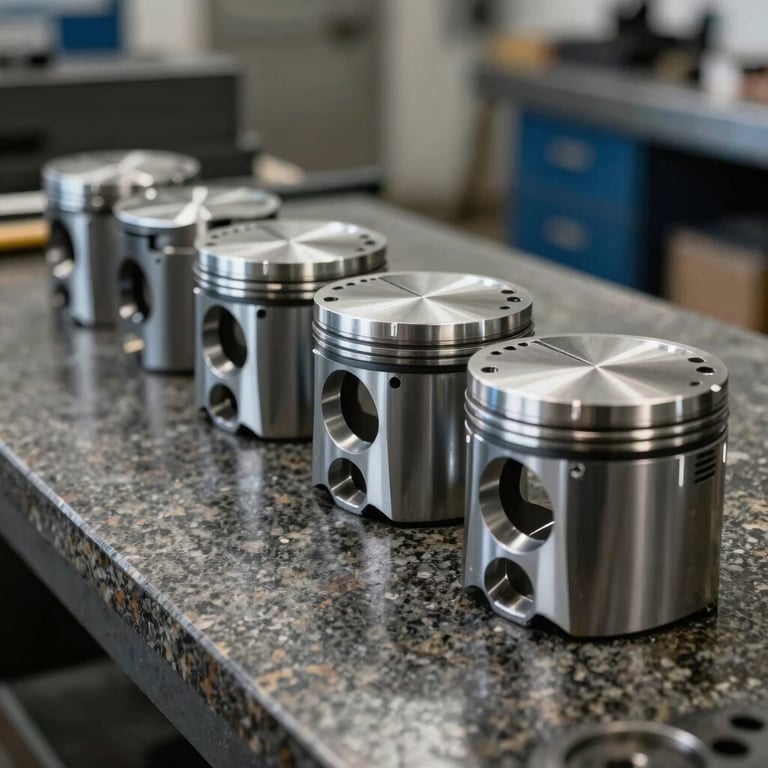 A series of high-performance pistons lined up on a dark granite workbench in a US workshop.
