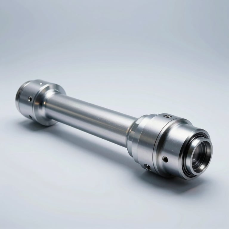 Side view of a sleek, custom-machined aluminum component for aerospace, bright studio lighting, steel blue shadows.