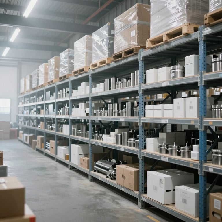 A wide shot of a modern, organized North American / US industrial spare parts warehouse with misty white and steel blue shelving.