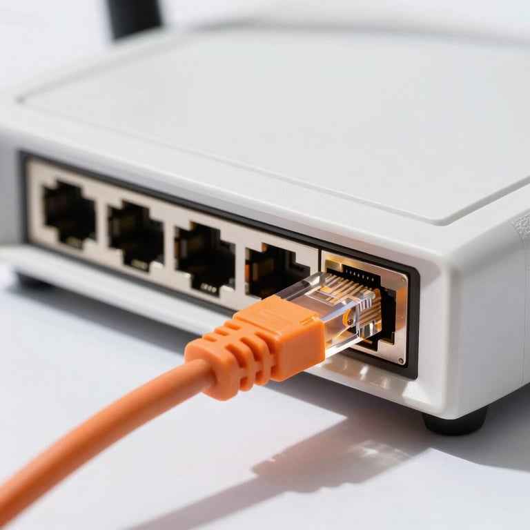 Close-up documentary shot of a clean modern router port with a glowing orange ethernet cable plugged in, bright natural daylight.