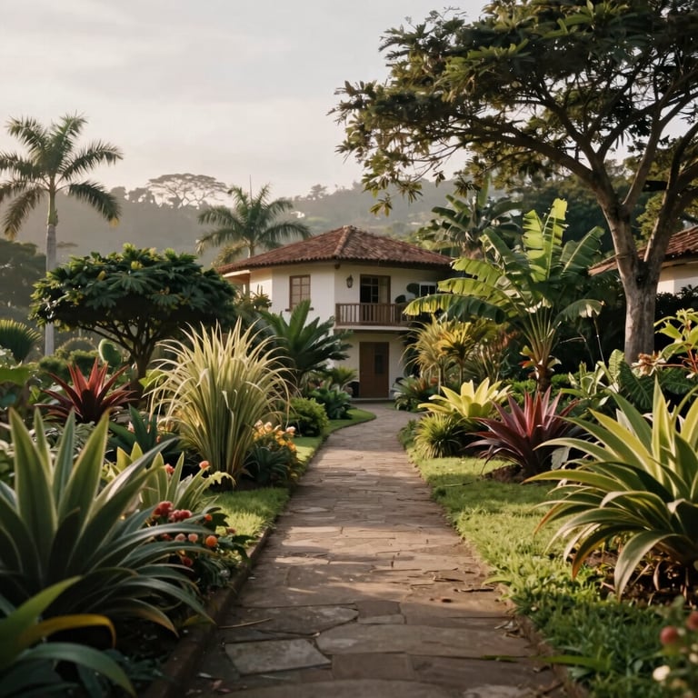 Lush gardens with walking paths in a South American country home, soft morning light.
