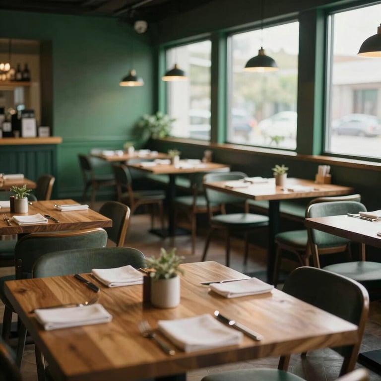 A spacious and sunny dining area with dark green accents and wooden tables, very clean and inviting.