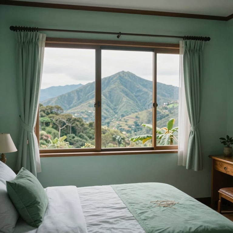 A comfortable private room for a senior with a view of the Colombian mountains and light green decor.
