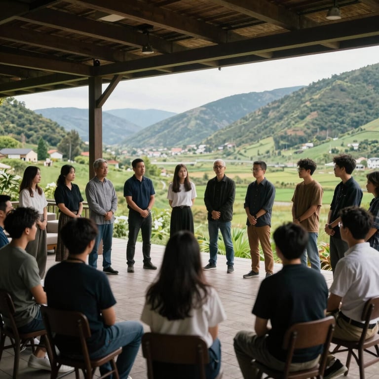 A group activity taking place on a covered outdoor terrace overlooking a green valley.