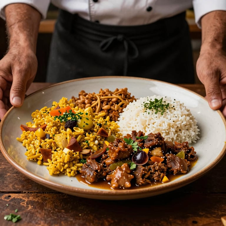 A nutritious and traditional Colombian meal prepared by professional chefs, served on a warm-colored plate.