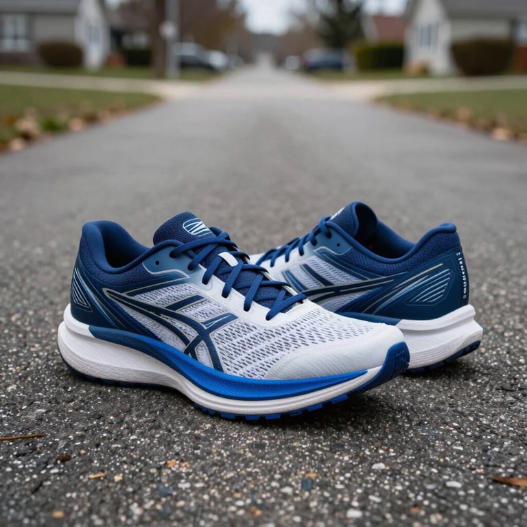 Photography of a pair of high-performance running shoes on a suburban North American asphalt path, sleek design with royal blue highlights.