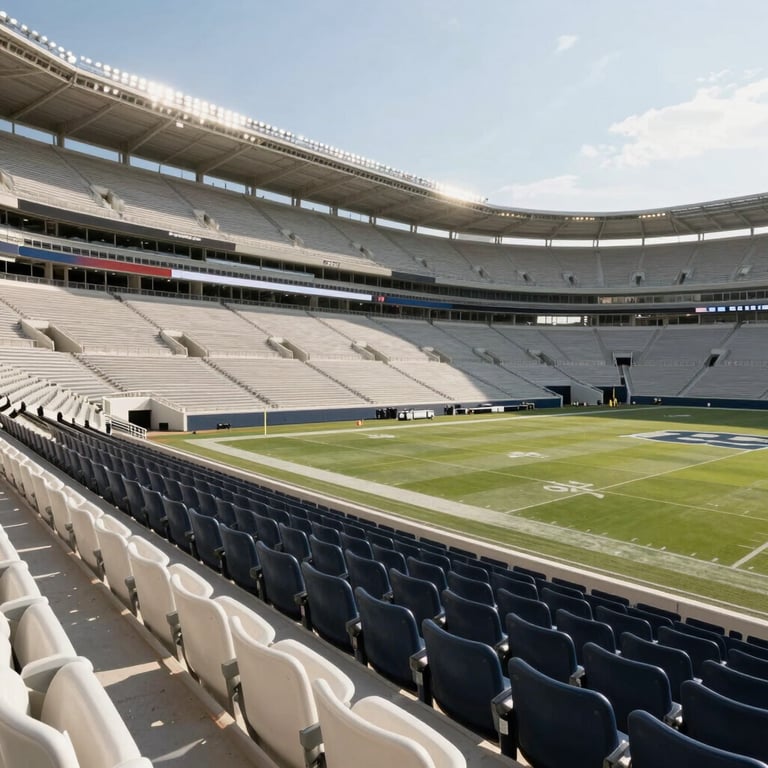 Photography of a wide shot of an empty, high-performance football stadium in the US under bright morning lights, featuring off-white and dark navy seats.
