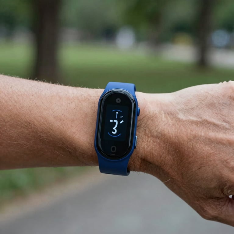 Close-up photography of a wearable fitness tracker on a runner's wrist during a workout in a North American park, royal blue and dark navy tones.