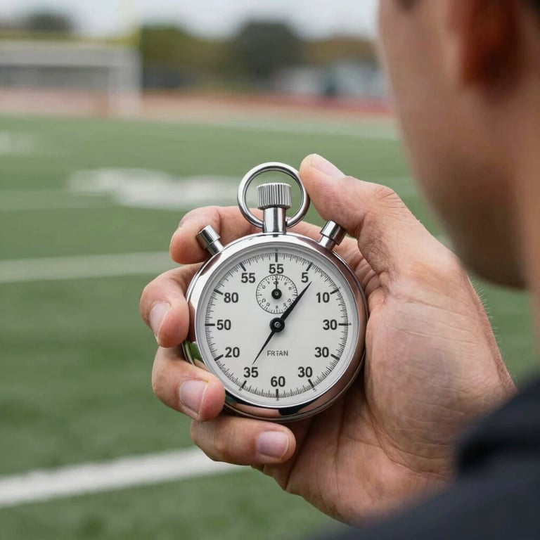Close-up photography of a professional stopwatch held by a coach on a North American sports field, focused on precision and data collection.