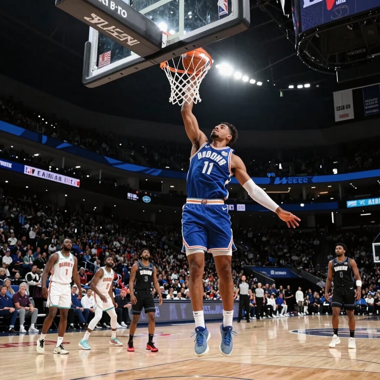 Action photography of a basketball player mid-dunk in a bright, indoor North American arena, dynamic lighting and high-performance atmosphere.
