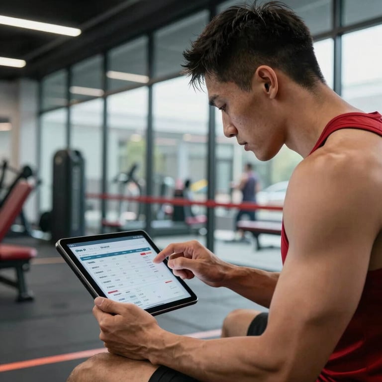 Photography of an athlete reviewing performance stats on a tablet in a modern, glass-walled North American gym setting with crimson accents.