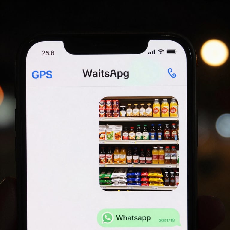 Extreme close-up of a smartphone screen showing a WhatsApp chat with GPS coordinates and a photo of a fully stocked Warung shelf, soft neon streetlights in the background.