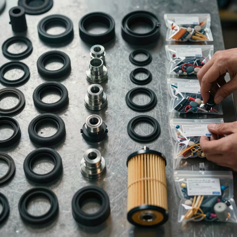 Close-up overhead flat-lay of technical marine spare parts — rubber seals, steel fittings, filter cartridges, and labelled component bags arranged in organised rows on a dark steel surface under port-side daylight, no text visible, hands partially visible at edge of frame sorting items