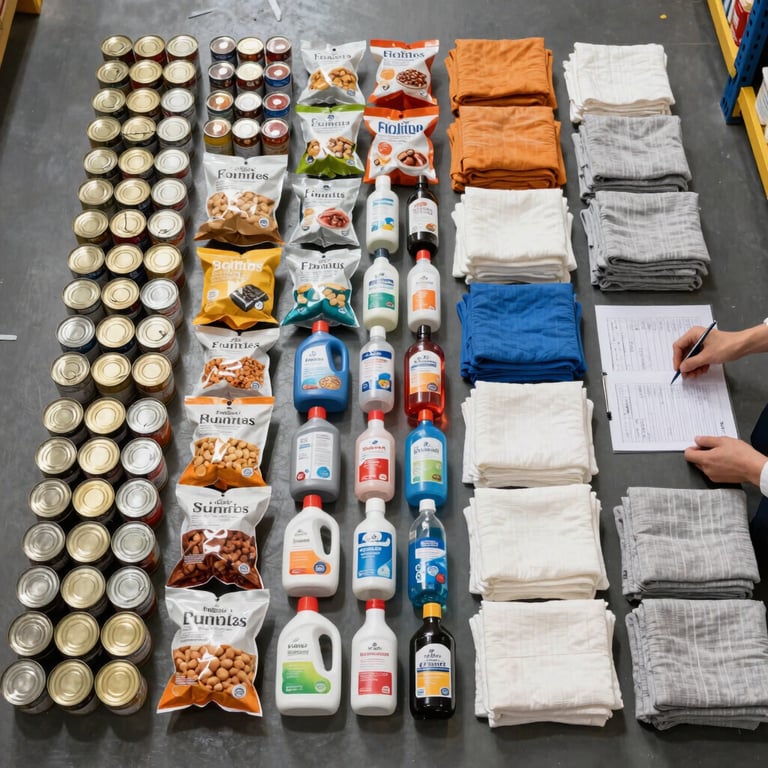 Overhead flat-lay of organized ship provisions inventory on a warehouse floor — canned goods, dry goods packets, cleaning supply bottles, and folded cabin linens arranged in neat category rows under bright warehouse lighting, hands visible at the edge counting items against a manifest sheet