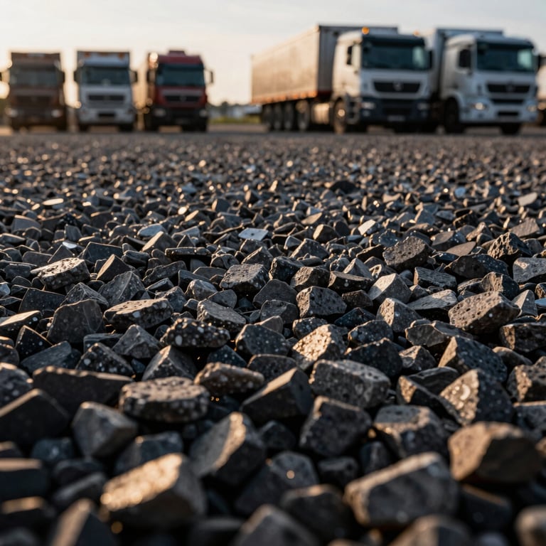 Close-up macro shot of small crushed stone (pedrisco), textured, crisp daylight, industrial commercial photography