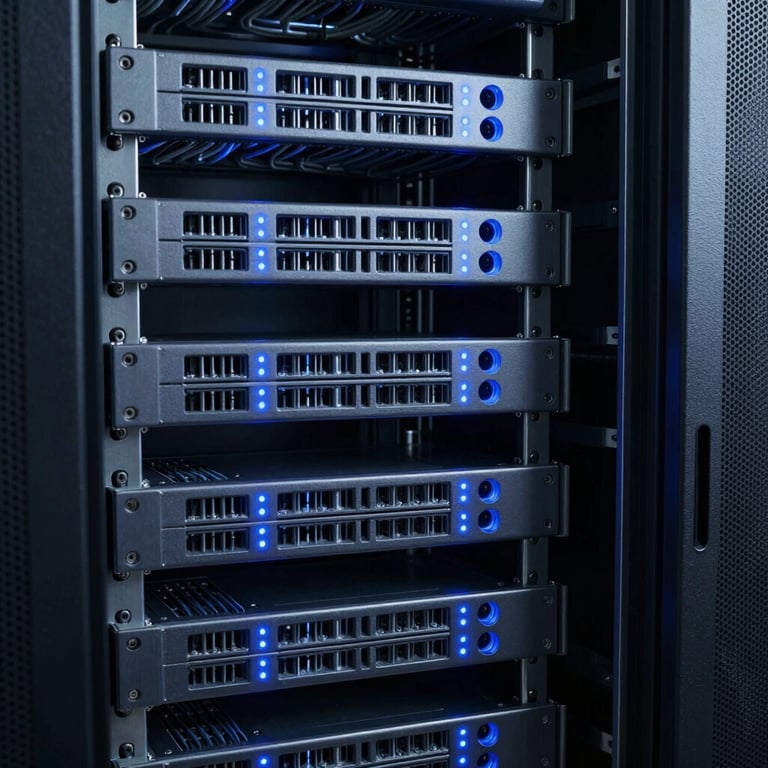 An organized server rack with immaculate structured cabling and glowing blue LED indicator lights, cool technical environment