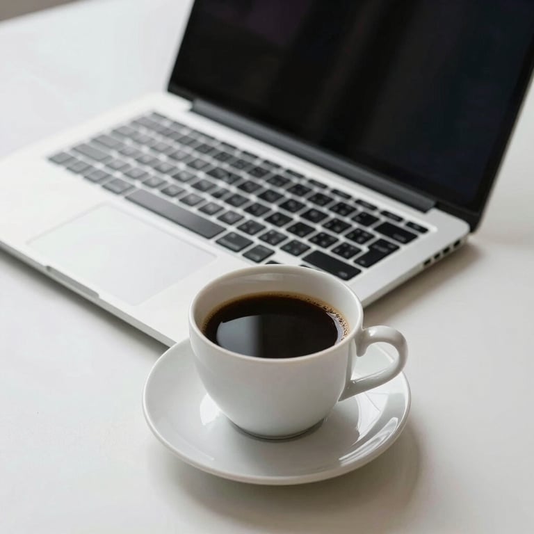 A professional laptop and a fresh coffee cup on a clean white desk, symbolizing productivity and strategic focus.