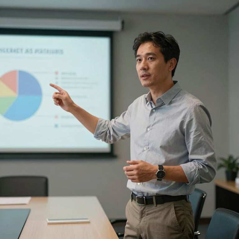 A focused professional in business casual attire presenting a pitch in a high-tech boardroom in North America.