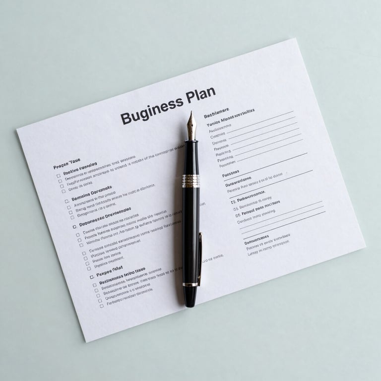 A minimalist, high-contrast overhead shot of a fountain pen and a strategic business plan on a light blue desk.