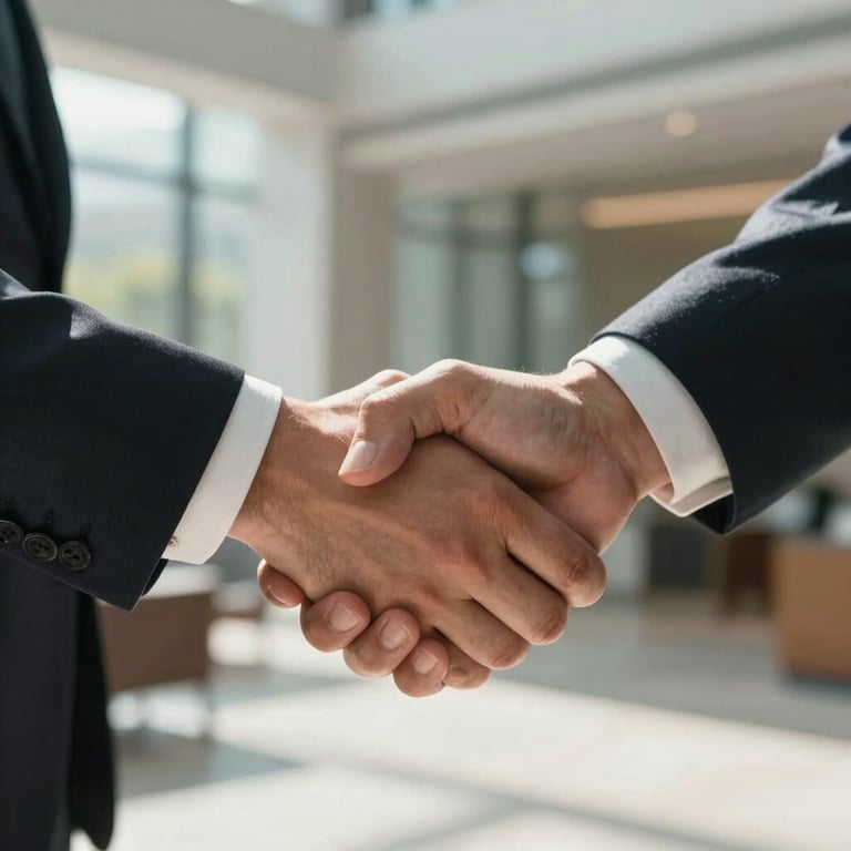 Close-up of a firm handshake between two professionals in a sunlit, sophisticated corporate lobby.