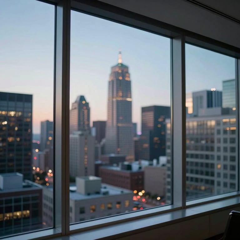 Blurred North American cityscape at dusk viewed through a polished glass window of a high-rise executive suite.