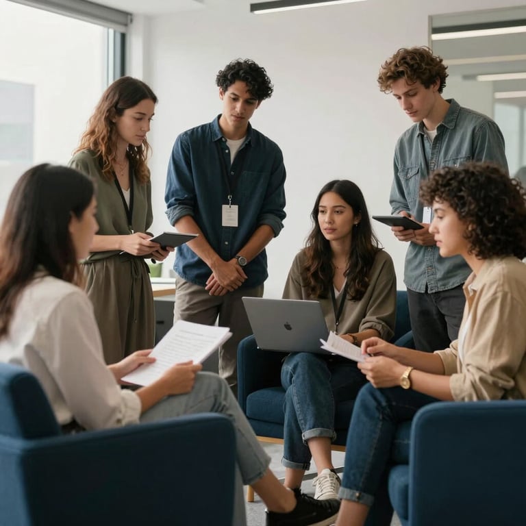 An empowering scene of diverse young founders collaborating in a bright, modern office with dark blue furniture.
