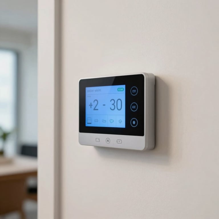 Close-up of a high-tech smart thermostat mounted on a clean off-white wall in a modern Miami interior.