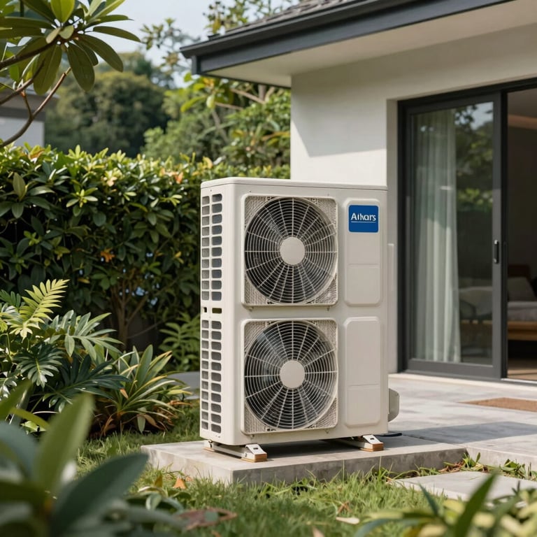 Exterior view of a premium outdoor air conditioning condenser unit neatly installed next to a contemporary home with lush greenery.