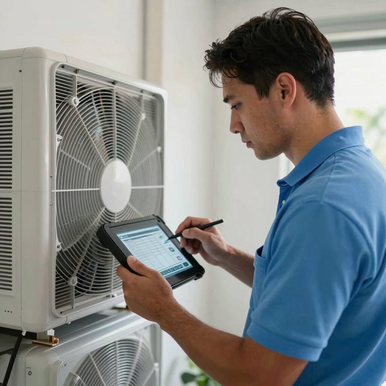 A professional HVAC technician in a sky blue polo using a digital diagnostic tablet to inspect a residential system in Miami, Florida.